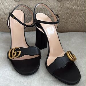 Gucci Marmont Black Heeled Sandals with Gold Accents